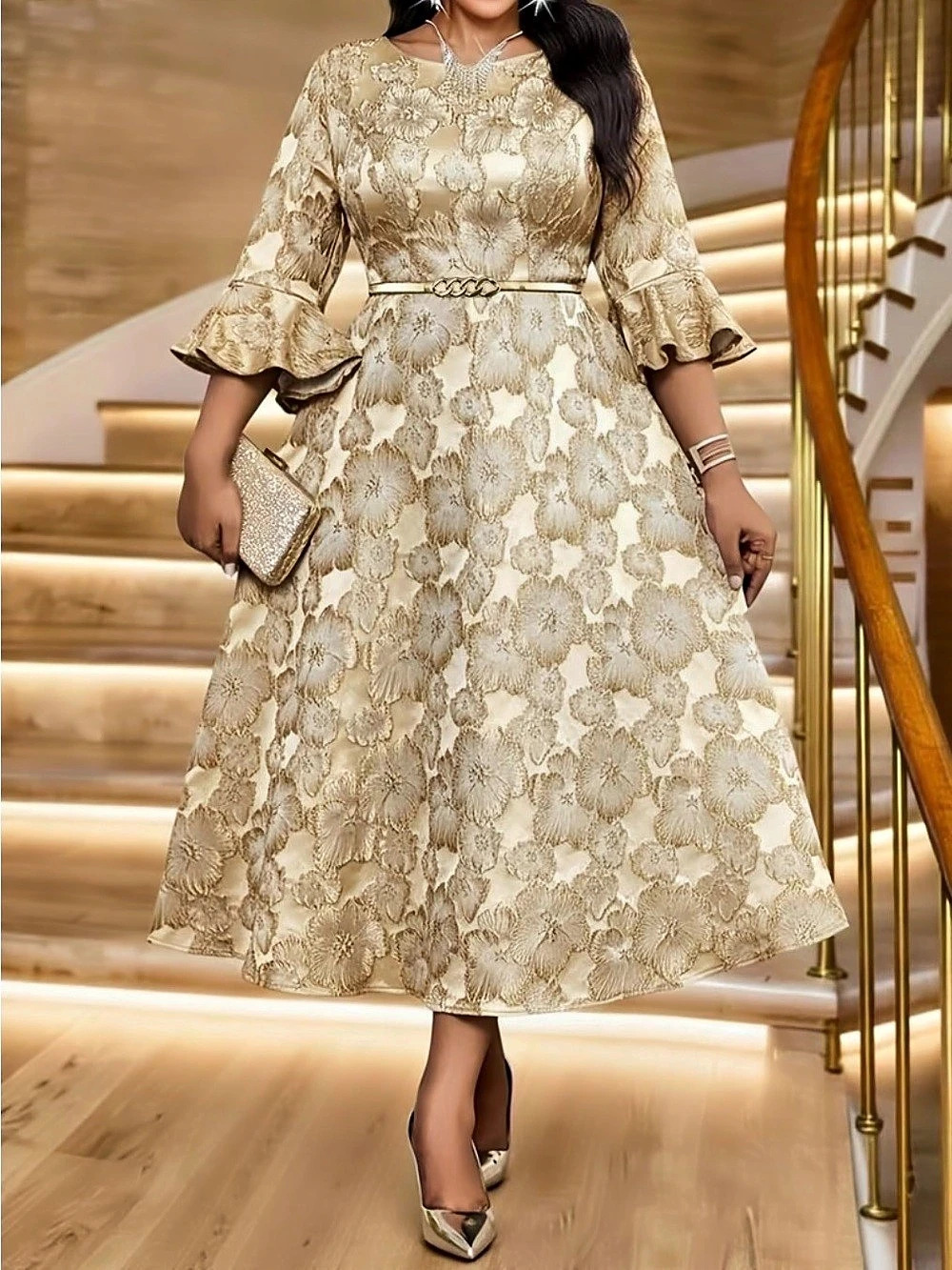 Gold Apricot Floral Jacquard Embroidered Flare Sleeve Ruffle Hem Elegant Midi XL
